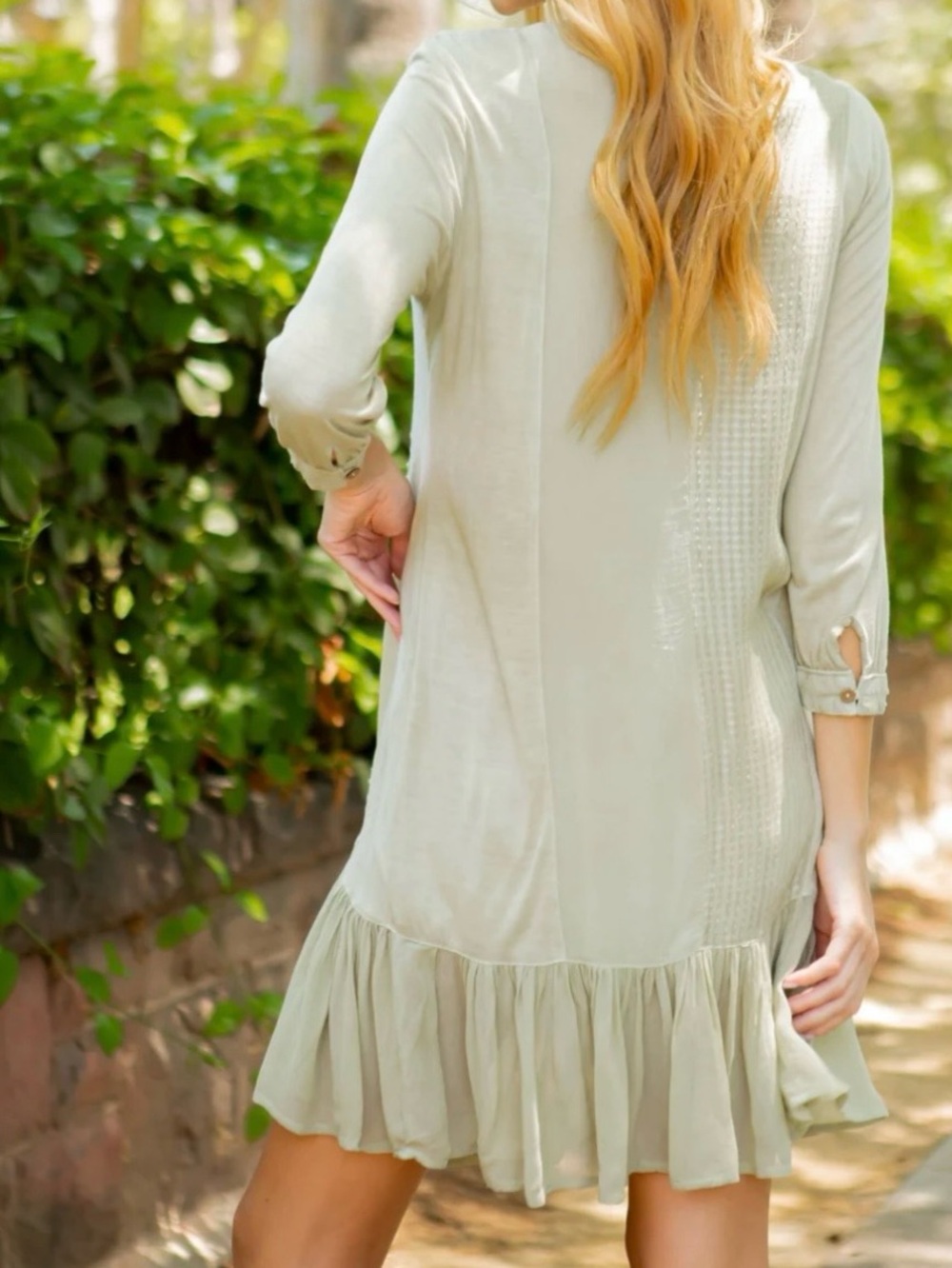 NWT Young Threads Avocado Crepe Embroidered Ruffle Scoop Neck A-Line Dress M - Picture 5 of 14